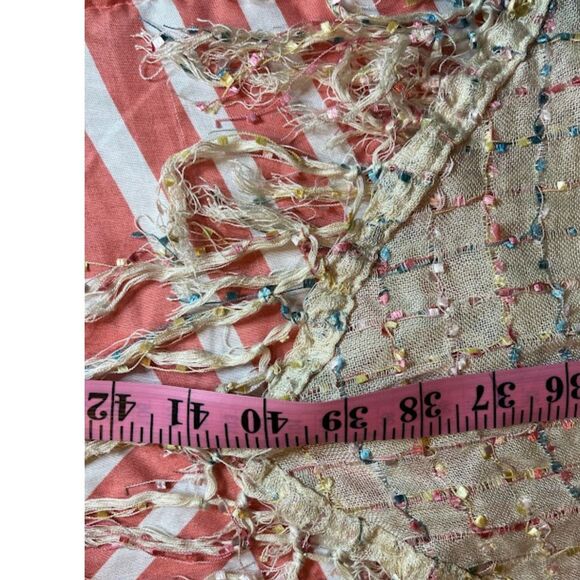 Modern Bohochic Business Casual Beige w/Pink & Blue Fringed Scarf/Wrap 19" x 40" - Picture 2 of 3
